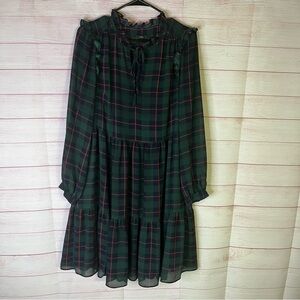 J. Crew Tartan Tie Neck Blue Green Plaid Tiered Dress Size Medium